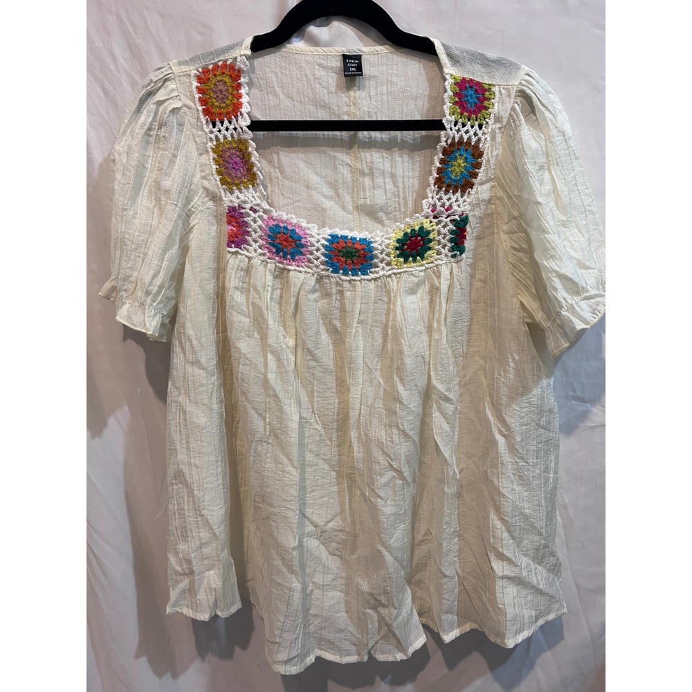 SHEIN CURVE Crochet Square Neck Puff Sleeve Blouse Cream 1XL‎